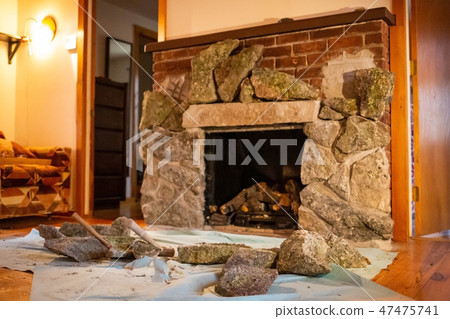 Decorating fireplace with rocks old vintage design Decorating fireplace with rocks old vintage design 47475741