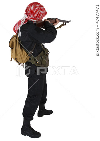 Rebel army soldier in black uniform with rifle Rebel army soldier in black uniform with rifle 47477471