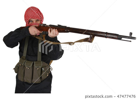 Rebel army soldier in black uniform with rifle Rebel army soldier in black uniform with rifle 47477476