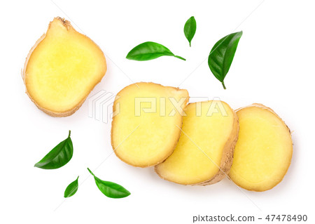 slice of fresh Ginger root isolated on white background with copy space for your text. Top view 47478490