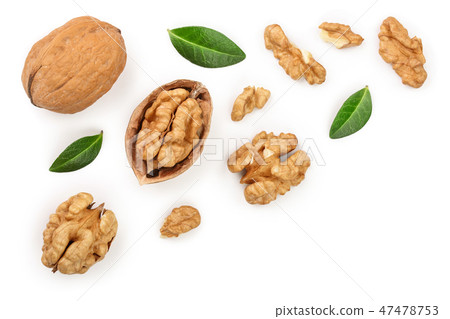 Walnuts with leaf isolated on white background with copy space for your text. Top view. Flat lay 47478753