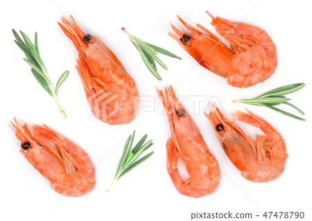 Red cooked prawn or shrimp with rosemary isolated on white background. Top view. Flat lay 47478790