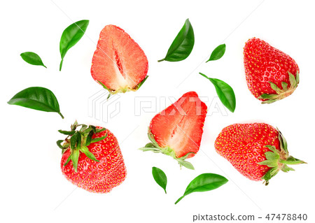 Strawberries decorated with green leaves isolated on white background. Top view. Flat lay pattern 47478840