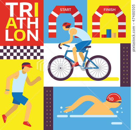 Triathlon track vector illustration. Swimming, riding, running banner. Fast sportsman in triathlon 47480505