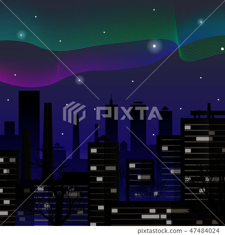 Aurora. Northern lights over night city buildings. Vector illustration. Aurora. Northern lights over night city buildings. Vector illustration. 47484024