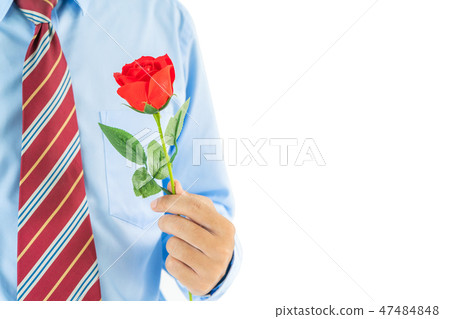Man holding red rose in hand on white Man holding red rose in hand on white 47484848