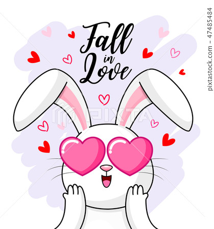 Cute cartoon white rabbit falling in love. 47485484