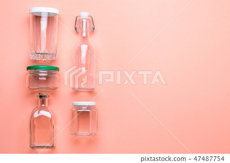 set of reusable jars and bottles for packaging products. Zero plastic concept set of reusable jars and bottles for packaging products. Zero plastic concept 47487754