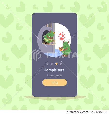 cute green monster playing guitar for girlfriend on balcony happy valentines day holiday celebration cute green monster playing guitar for girlfriend on balcony happy valentines day holiday celebration 47488793