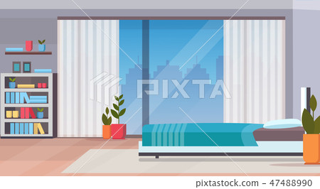 modern home bedroom interior design contemporary bed room empty no people apartment window cityscape 47488990