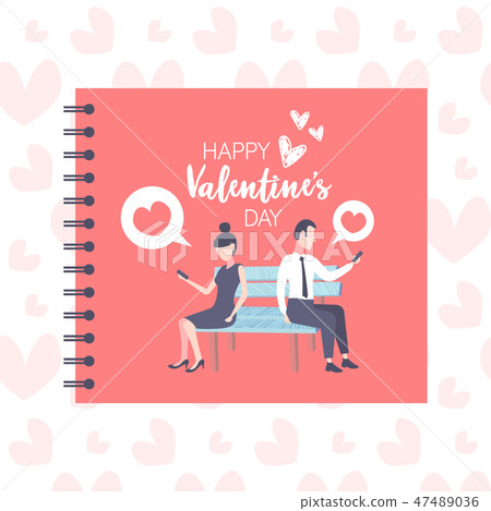 couple sitting wooden bench back to back using smartphone chat bubble communication concept man 47489036