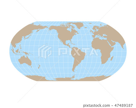 World Map in Robinson Projection with meridians and parallels grid. Americas centered. Brown land 47489187