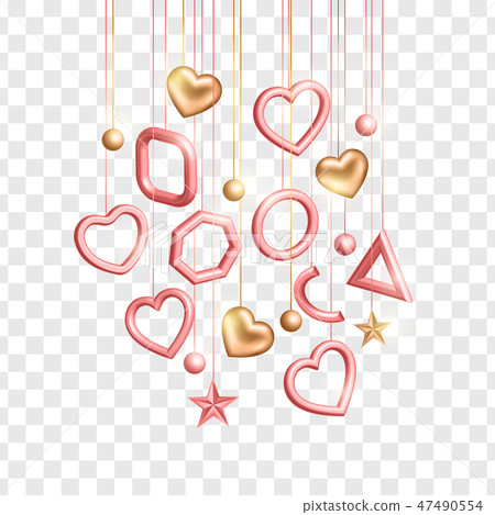 Valentines Day design with hanging 3d gold, pink hearts on transparent background. Vector 47490554