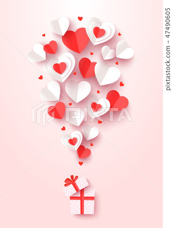 Valentine day greeting card. Cut out paper hearts fly out of the gift box. Vector illustration Valentine day greeting card. Cut out paper hearts fly out of the gift box. Vector illustration 47490605
