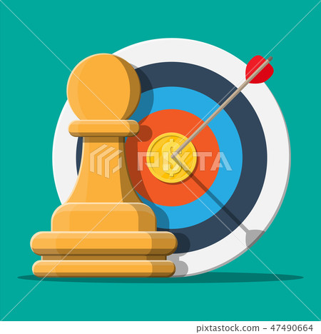 Target with arrow and gold coin, chess pawn. Target with arrow and gold coin, chess pawn. 47490664