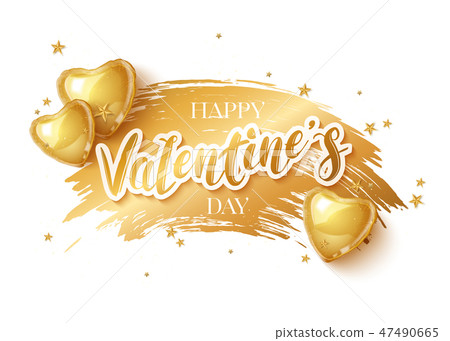 Happy Saint Valentines day greeting card with 3d gold balloon hearts on white background. Vector Happy Saint Valentines day greeting card with 3d gold balloon hearts on white background. Vector 47490665