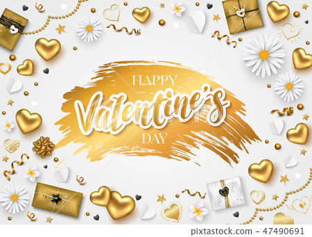 Valentines Day Composition with romantic calligraphic Inscription red hearts silk ribbons gift boxes Valentines Day Composition with romantic calligraphic Inscription red hearts silk ribbons gift boxes 47490691