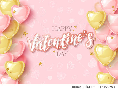 Happy Saint Valentines day greeting card with 3d pink and gold balloon hearts on hand drawn pattern Happy Saint Valentines day greeting card with 3d pink and gold balloon hearts on hand drawn pattern 47490704