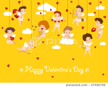 Happy Valentine Day card with hanging cupid angels. Vector illustration Happy Valentine Day card with hanging cupid angels. Vector illustration 47490798