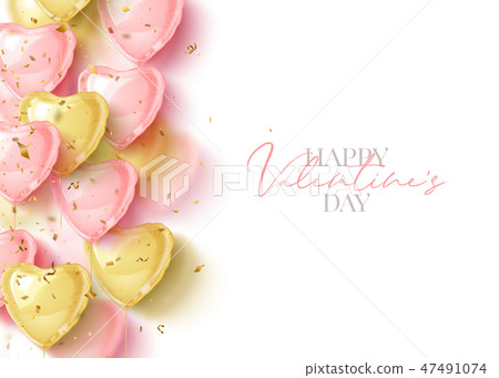 Happy Saint Valentines day greeting card with 3d pink and gold balloon hearts. Vector illustration Happy Saint Valentines day greeting card with 3d pink and gold balloon hearts. Vector illustration 47491074