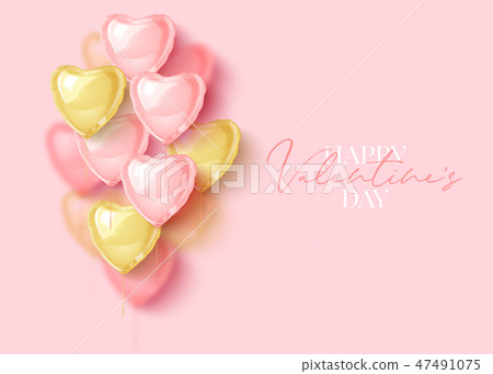 Happy Saint Valentines day greeting card with 3d pink and gold balloon hearts. Vector illustration Happy Saint Valentines day greeting card with 3d pink and gold balloon hearts. Vector illustration 47491075