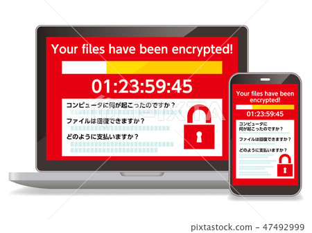A computer displaying infected screens with the Ransomware virus and a smartphone A computer displaying infected screens with the Ransomware virus and a smartphone 47492999