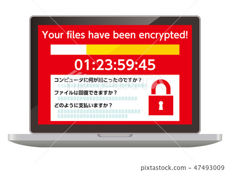 A computer displaying a screen infected with the Ransomware worm virus 47493009