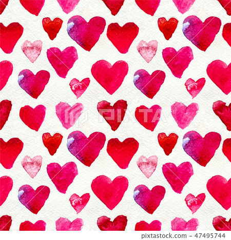 Happy Valentines Day. Seamless pattern with red watercolor hearts. 47495744