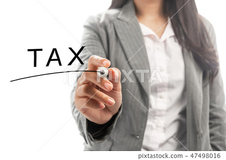 Business woman with marker write tax text 47498016