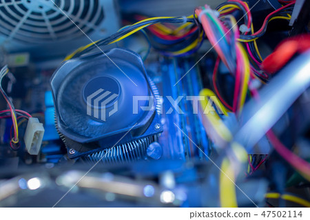 PC components in dust. CPU fan is work. Dusty power wires PC components in dust. CPU fan is work. Dusty power wires 47502114
