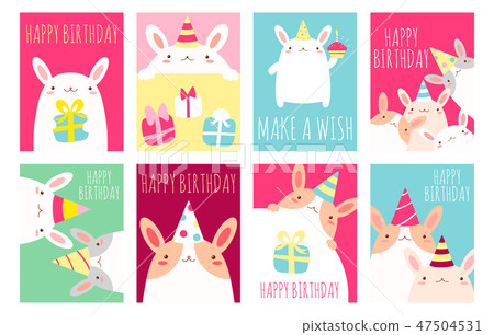 Set of birthday banners with cute rabbits Set of birthday banners with cute rabbits 47504531