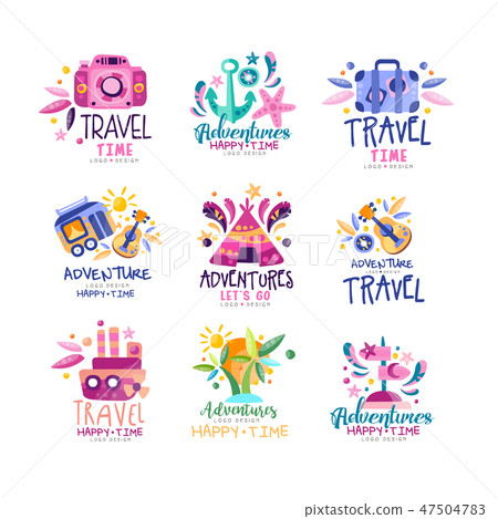 Adventure travel happy time logo design set, summer vacation, holidays, tourist agency creative 47504783