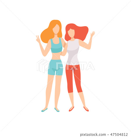 Two Happy Women Friends Posing Together, Female Friendship Vector Illustration 47504812