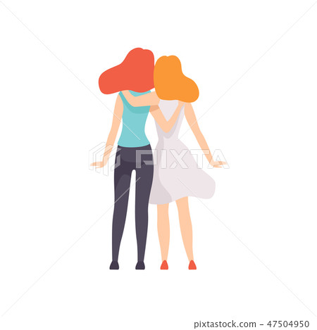Two Beautiful Women Friends Hugging Standing Together, Back View, Female Friendship Vector Two Beautiful Women Friends Hugging Standing Together, Back View, Female Friendship Vector 47504950
