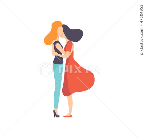 Two Beautiful Women Friends Hugging, Side View, Happy Meeting, Female Friendship Vector Illustration 47504952