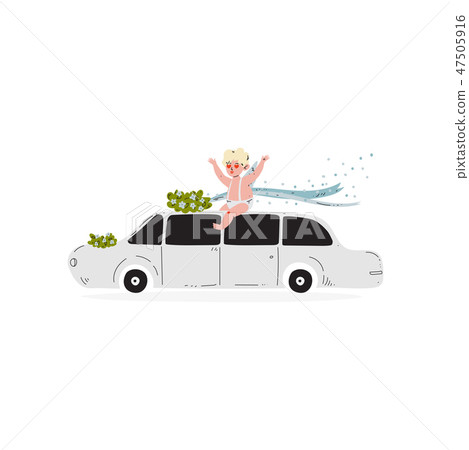 Cute Cupid Sitting on Wedding Retro Car, Amur Baby Angel, Happy Valentine Day Symbol Vector 47505916