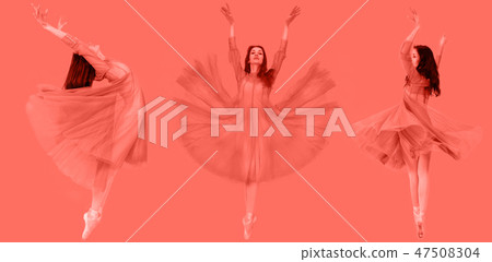 Dance of the Ballerina in a jump, of living coral background Dance of the Ballerina in a jump, of living coral background 47508304