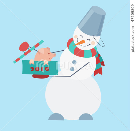 Snowman wearing a striped scarf and a bucket on his head with a cute little pig sitting in the box. Snowman wearing a striped scarf and a bucket on his head with a cute little pig sitting in the box. 47509809