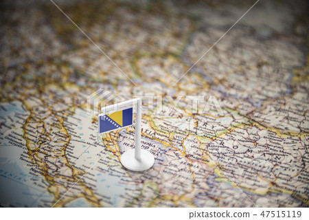 Bosnia and Herzegovina marked with a flag on the map 47515119