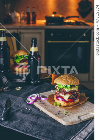 Dinner with Cheeseburger and Some Beer 47515574