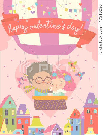 Cute couple in love flying on air ballon Cute couple in love flying on air ballon 47516256