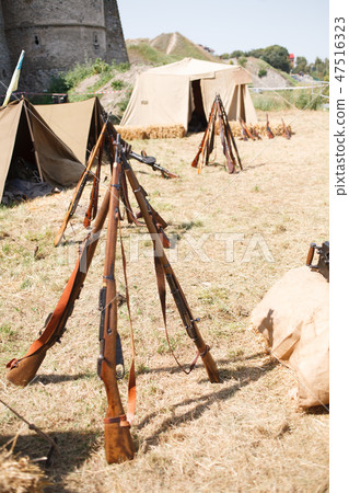 Rifles pyramids, First World War-era reenactment Rifles pyramids, First World War-era reenactment 47516323