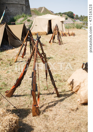 Rifles pyramids, First World War-era reenactment 47516328