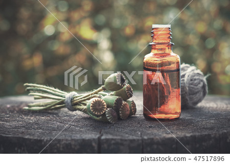 Poppy flower heads and bottle of infusion.  47517896