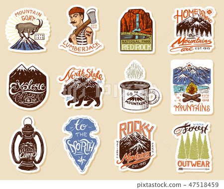 Camping logo and labels. Mountains and lumberjack, brown bear and goat, pine trees. Trip in the Camping logo and labels. Mountains and lumberjack, brown bear and goat, pine trees. Trip in the 47518459