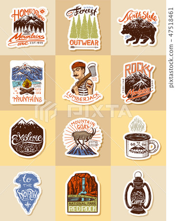 Camping logo and labels. Mountains and lumberjack, brown bear and goat, pine trees. Trip in the 47518461
