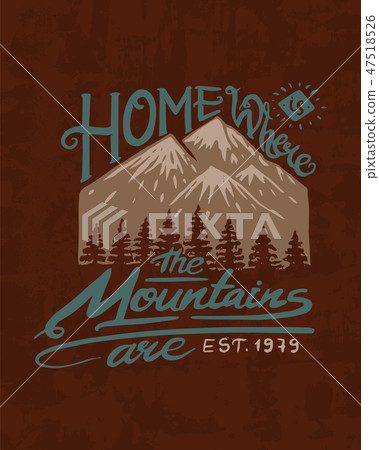 Mountains logo. Camping label. . Trip in the forest, outdoor and adventure and pine trees. Colored 47518526