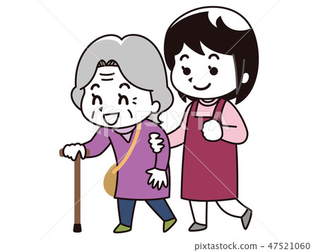 A female caregiver who helps elderly women to walk 47521060