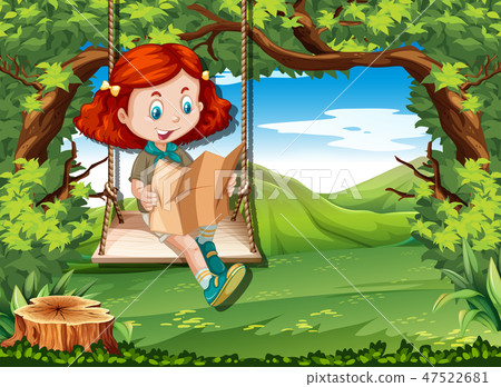 Camping girl reading map on swing Camping girl reading map on swing 47522681
