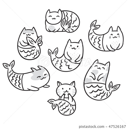Collection with cartoon cats mermaids in contour. Vector illustration 47526167